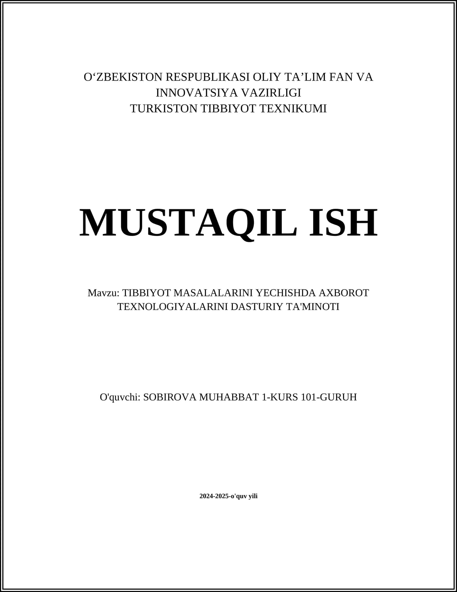 TIBBIYOT MASALALARINI YECHISHDA AXBOROT TEXNOLOGIYALARINI DASTURIY TA'MINOTI