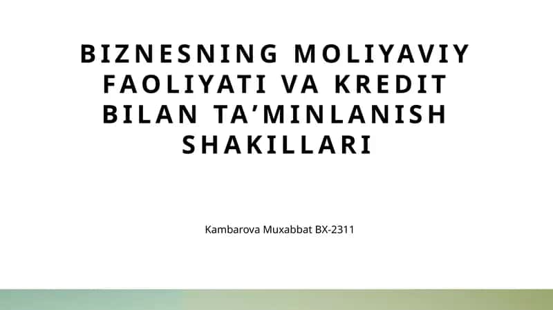 Biznesning moliyaviy faoliyati va kredit bilan taʼminlanish shakillari