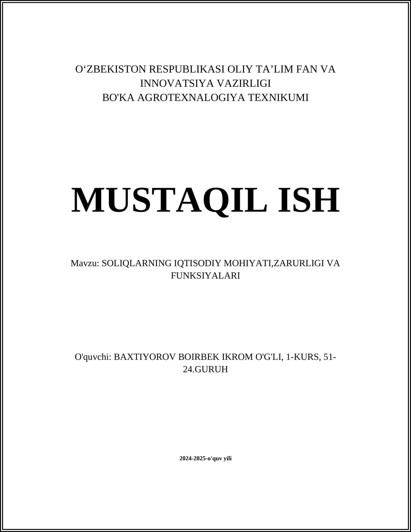 SOLIQLARNING IQTISODIY MOHIYATI,ZARURLIGI VA FUNKSIYALARI
