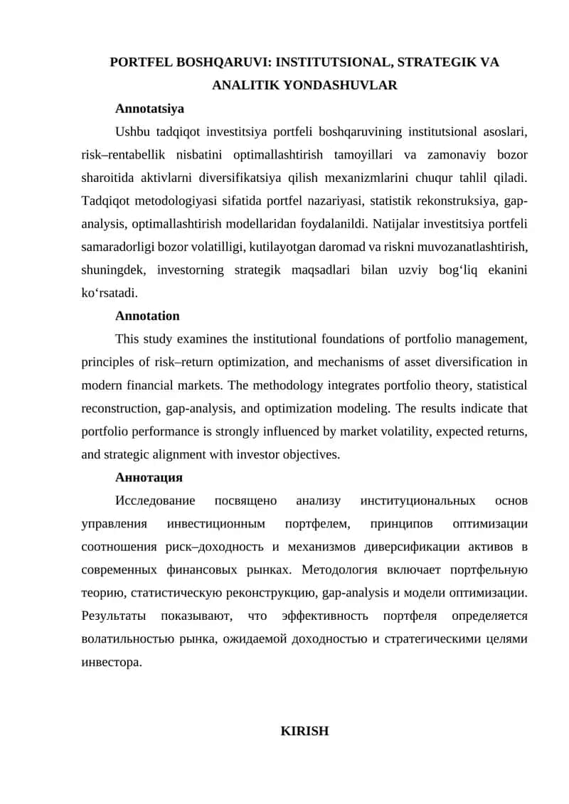 PORTFEL BOSHQARUVI: INSTITUTSIONAL, STRATEGIK VA ANALITIK YONDASHUVLAR