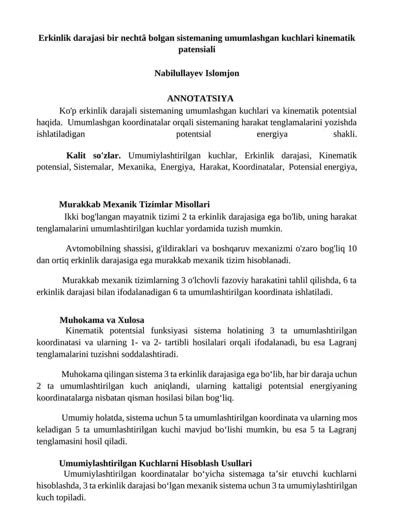 Erkinlik darajasi bir nechtâ bolgan sistemaning umumlashgan kuchlari kinematik patensiali