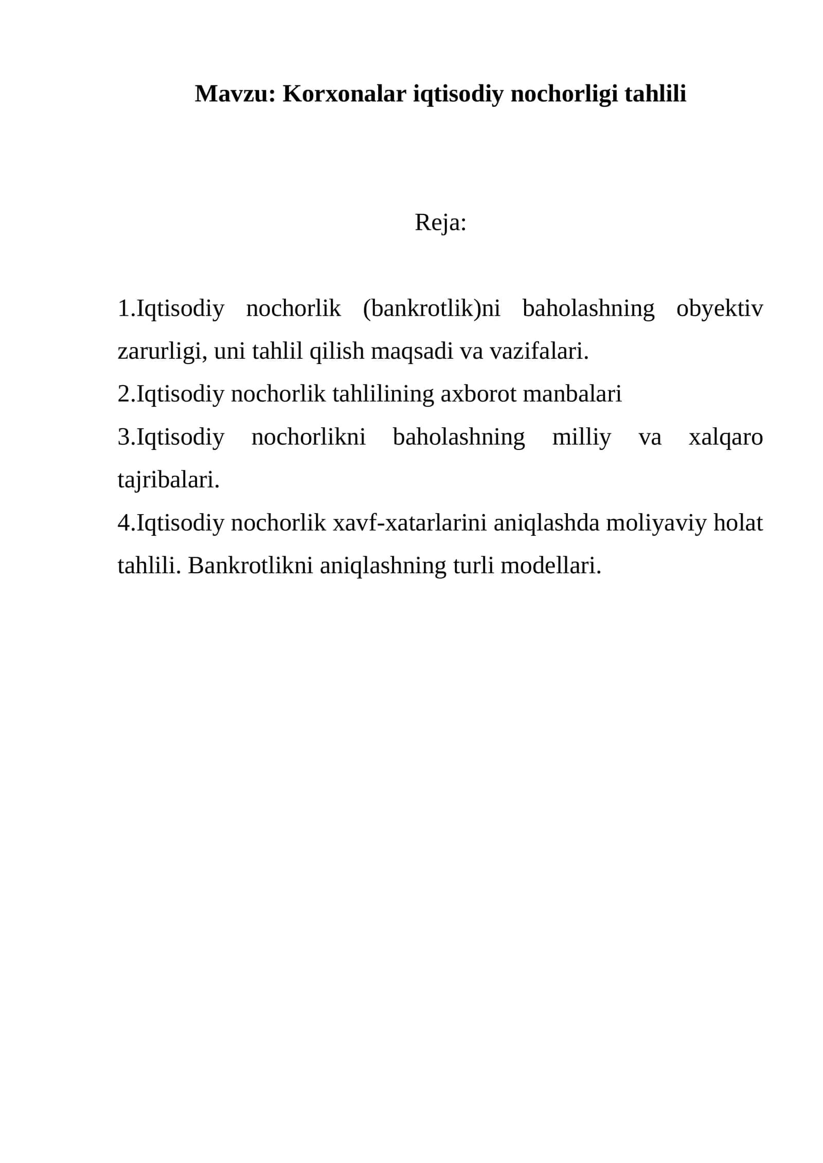 Korxonalar iqtisodiy nochorligi tahlili