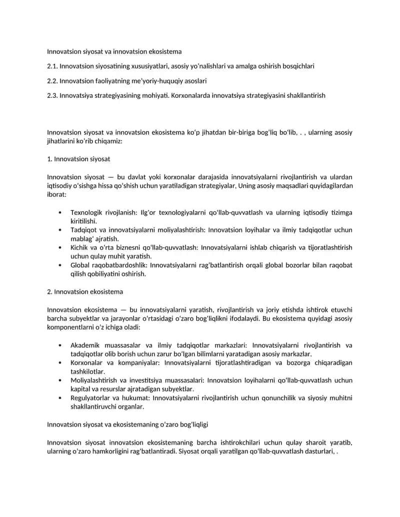 Innovatsion siyosat va innovatsion ekosistema