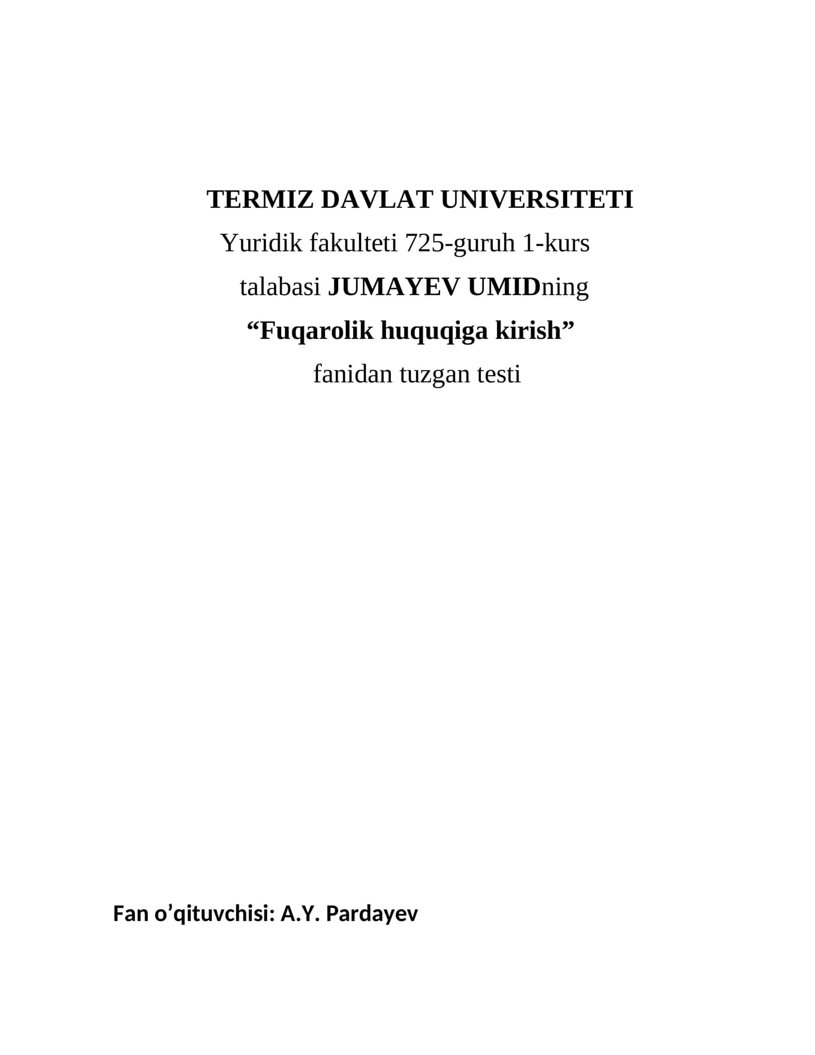 FUQAROLIK HUQUQIGA KIRISH Testi
