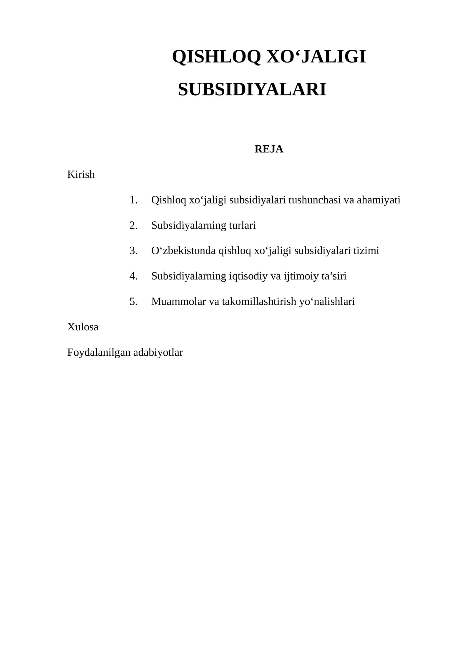 QISHLOQ XO‘JALIGI SUBSIDIYALARI
