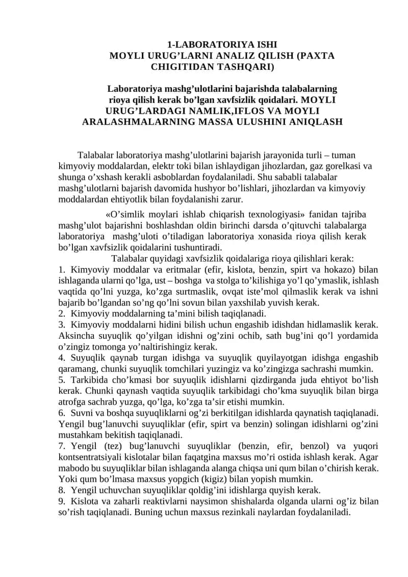 O'simlik moylari ishlab chiqarish texnologiyasi