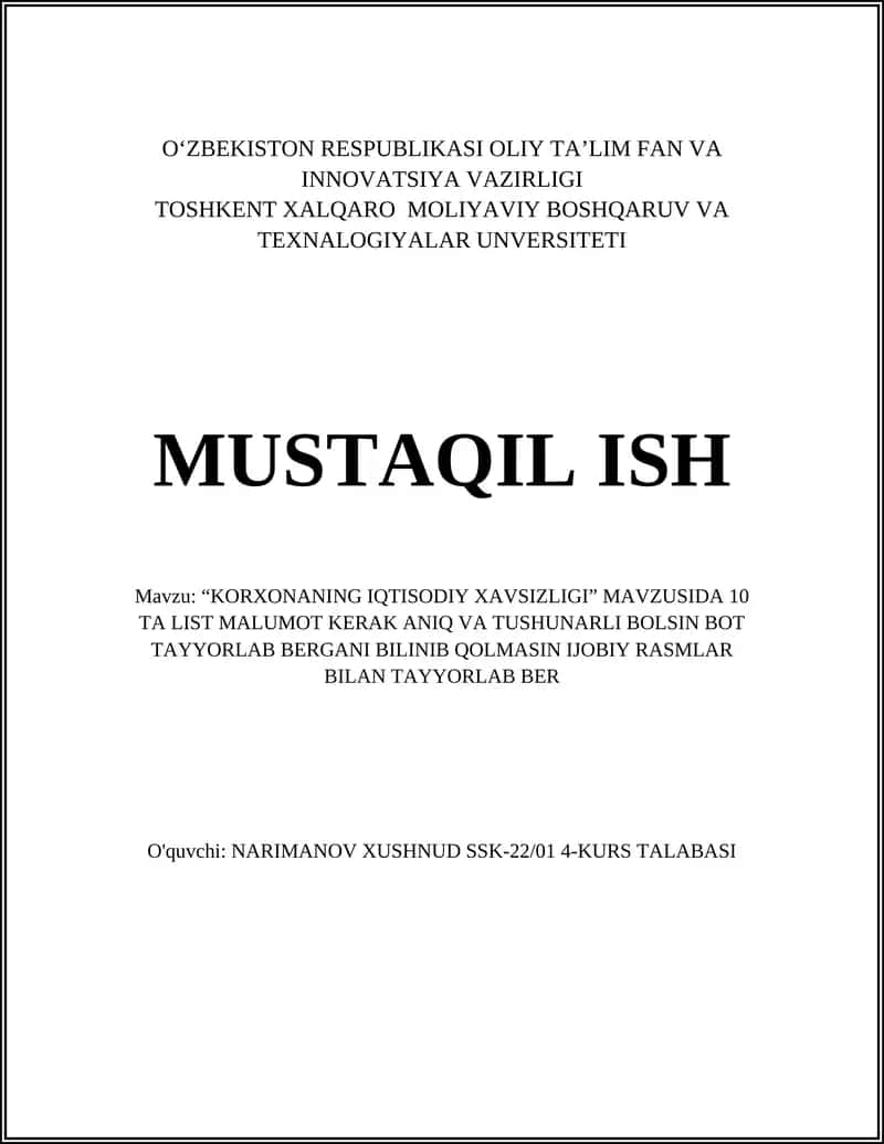 "KORXONANING IQTISODIY XAVSIZLIGI"