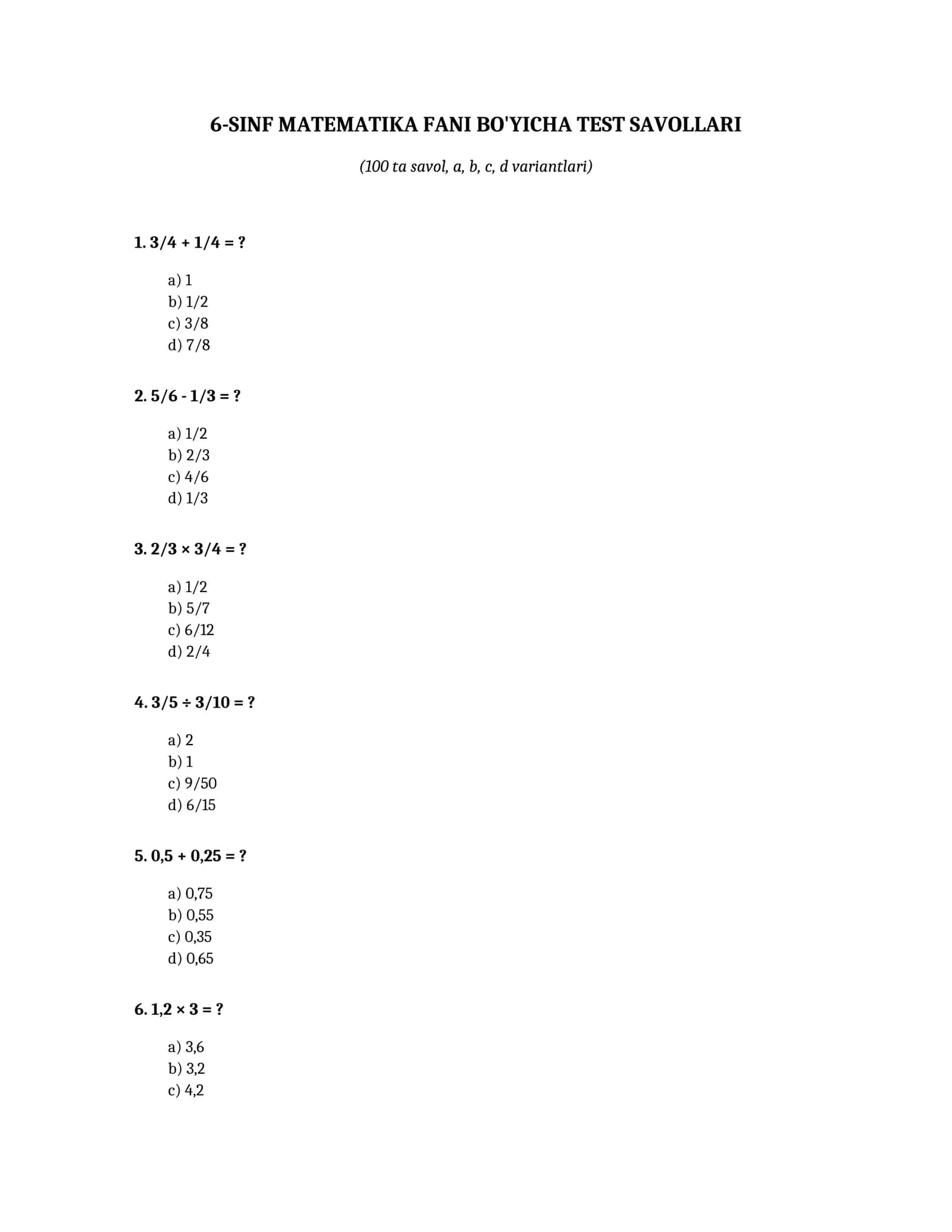 6-SINF MATEMATIKA FANI BO'YICHA TEST SAVOLLARI