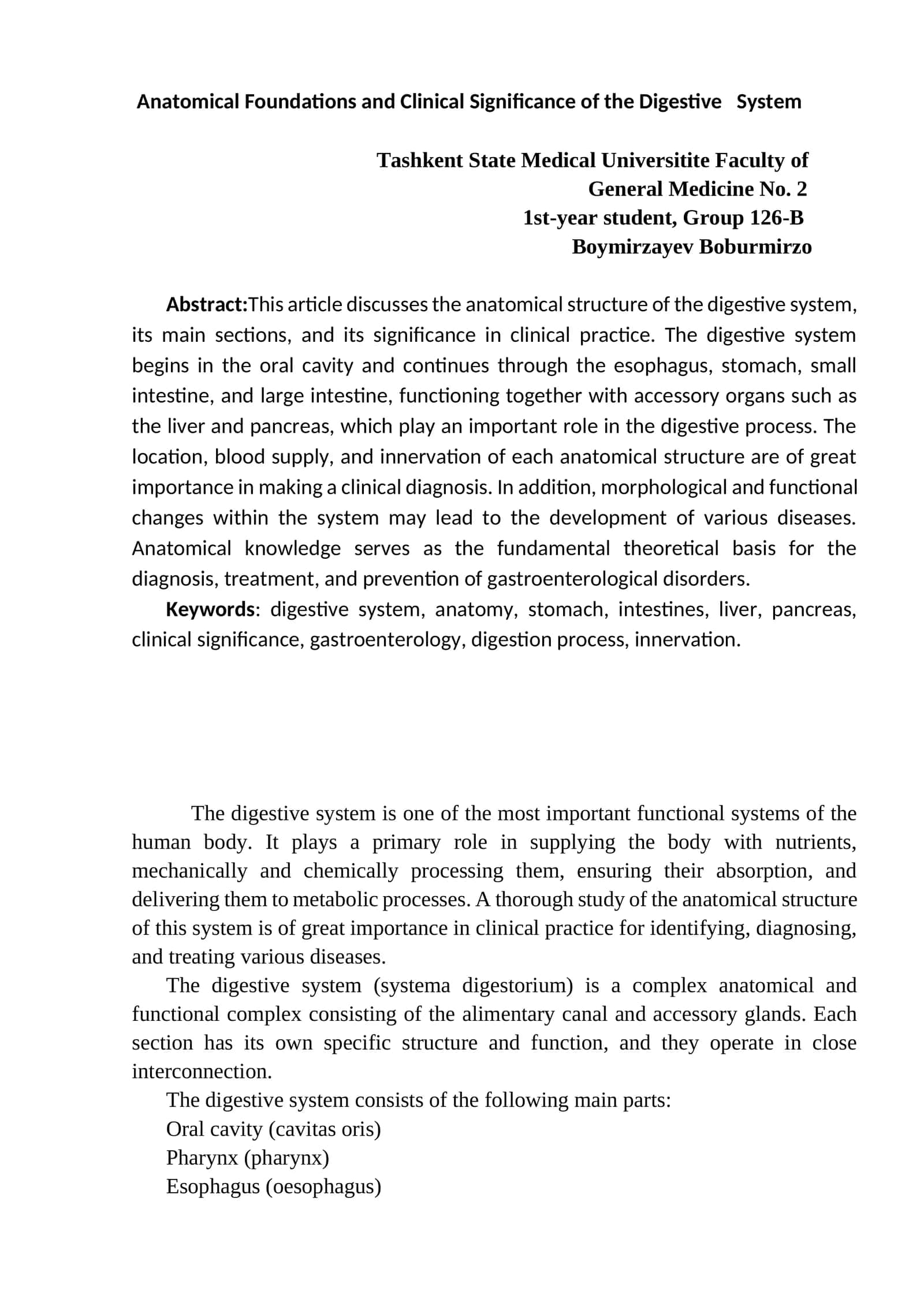 Anatomical Foundations and Clinical Significance of the Digestive System