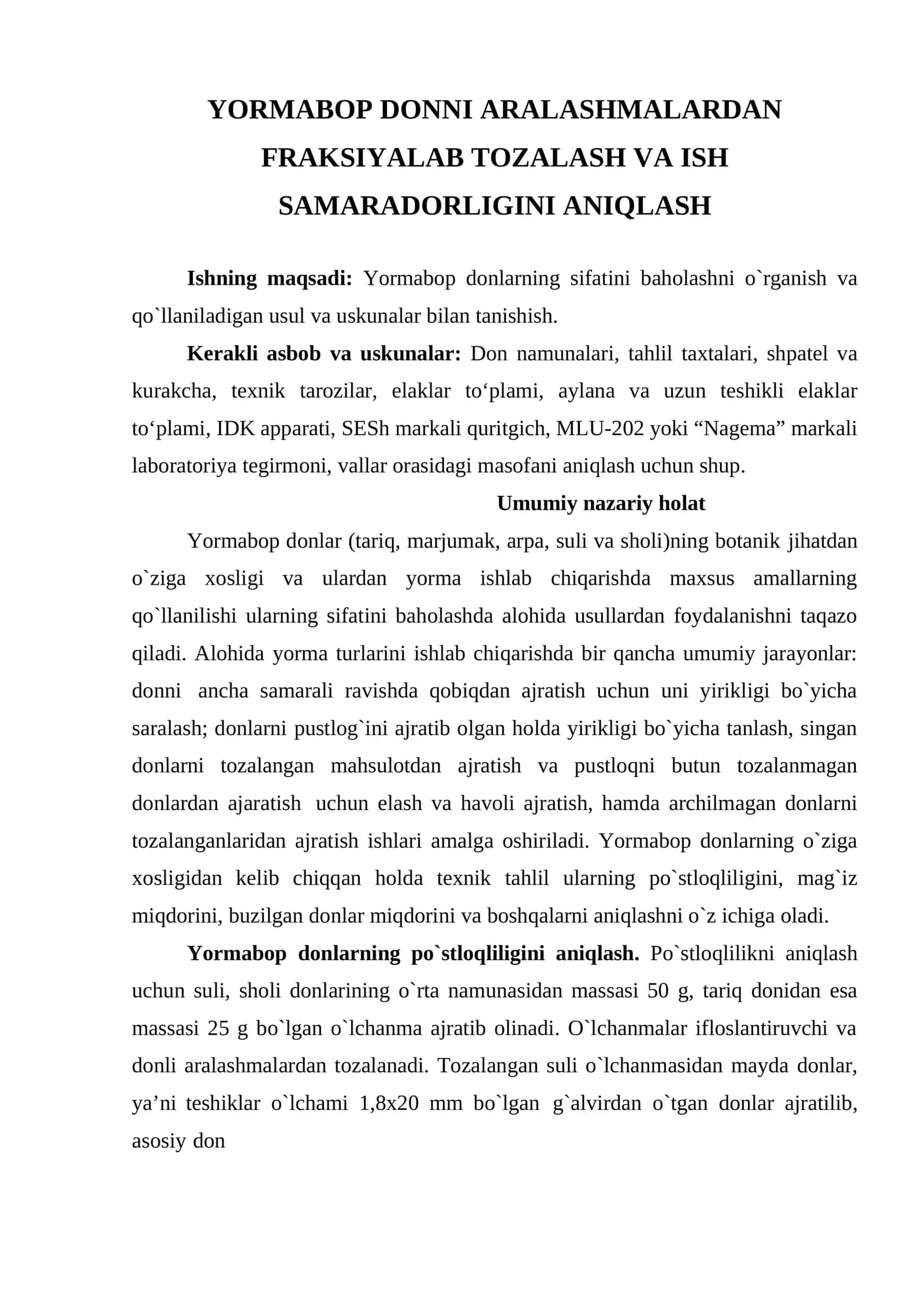 YORMABOP DONNI ARALASHMALARDAN FRAKSIYALAB TOZALASH VA ISH SAMARADORLIGINI ANIQLASH