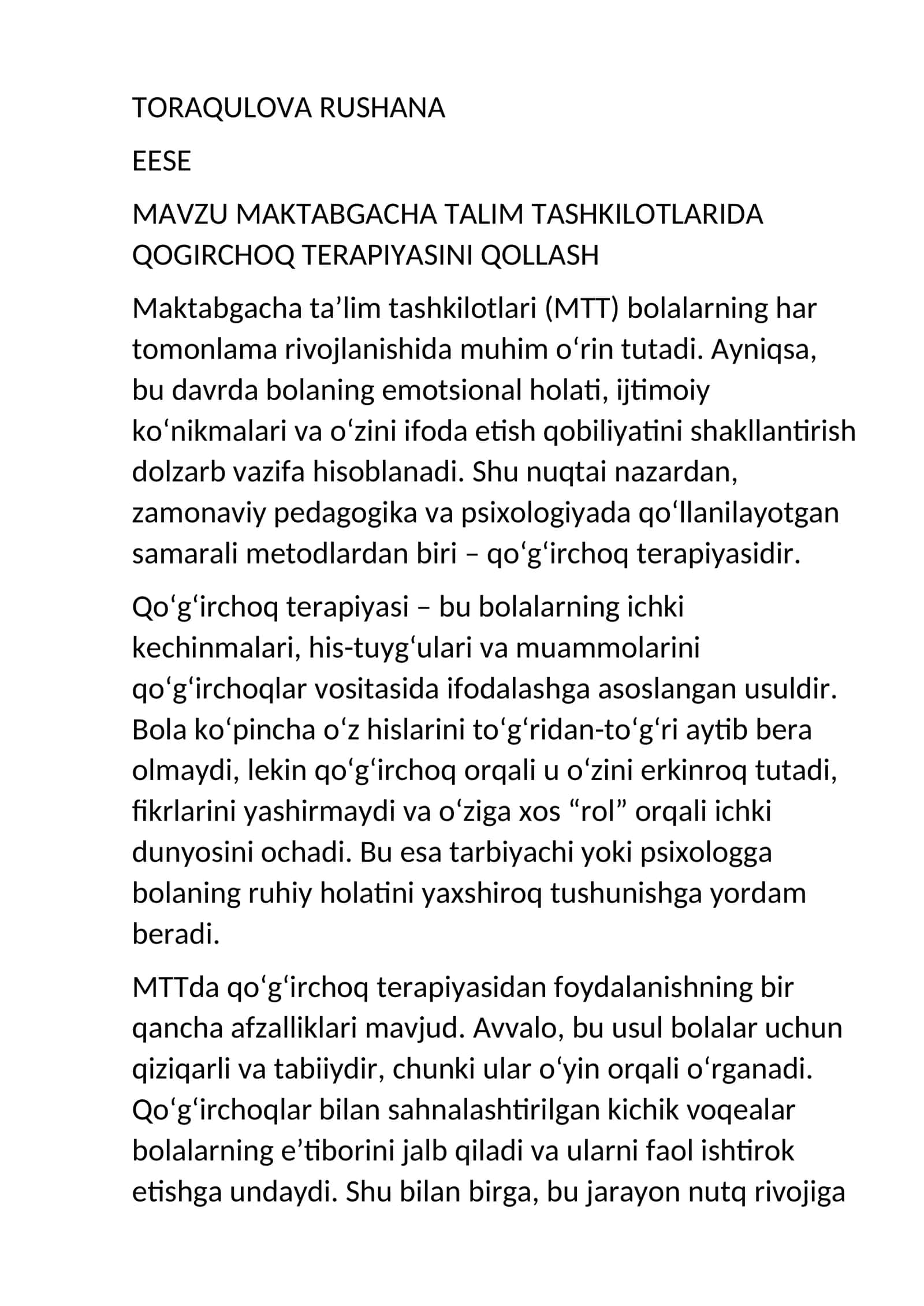 MAKTABGACHA TALIM TASHKILOTLARIDA QOGIRCHOQ TERAPIYASINI QOLLASH