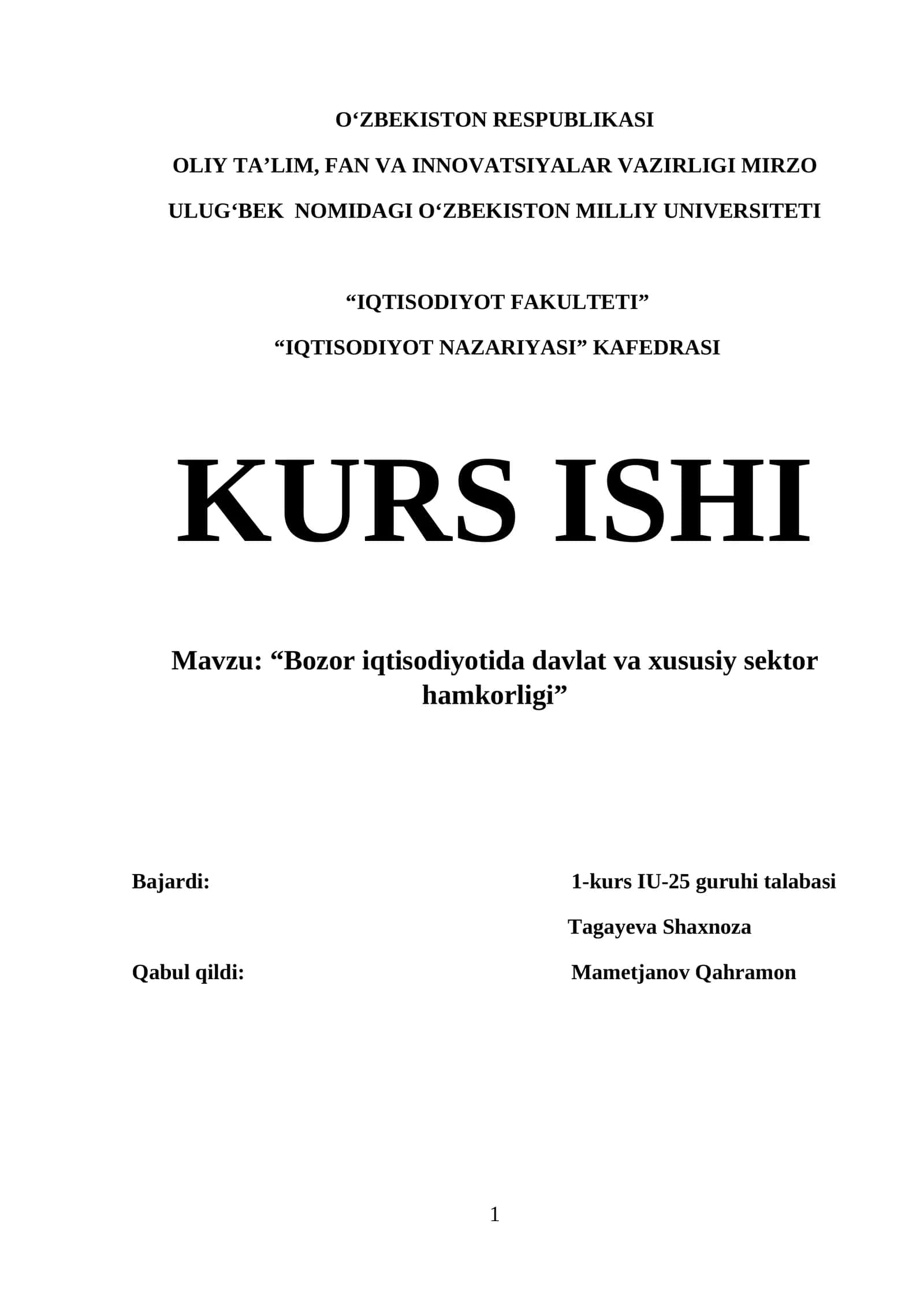 Kurs ishi Bozor iqtisodiyotida davlat va xususiy sektor hamkorligi