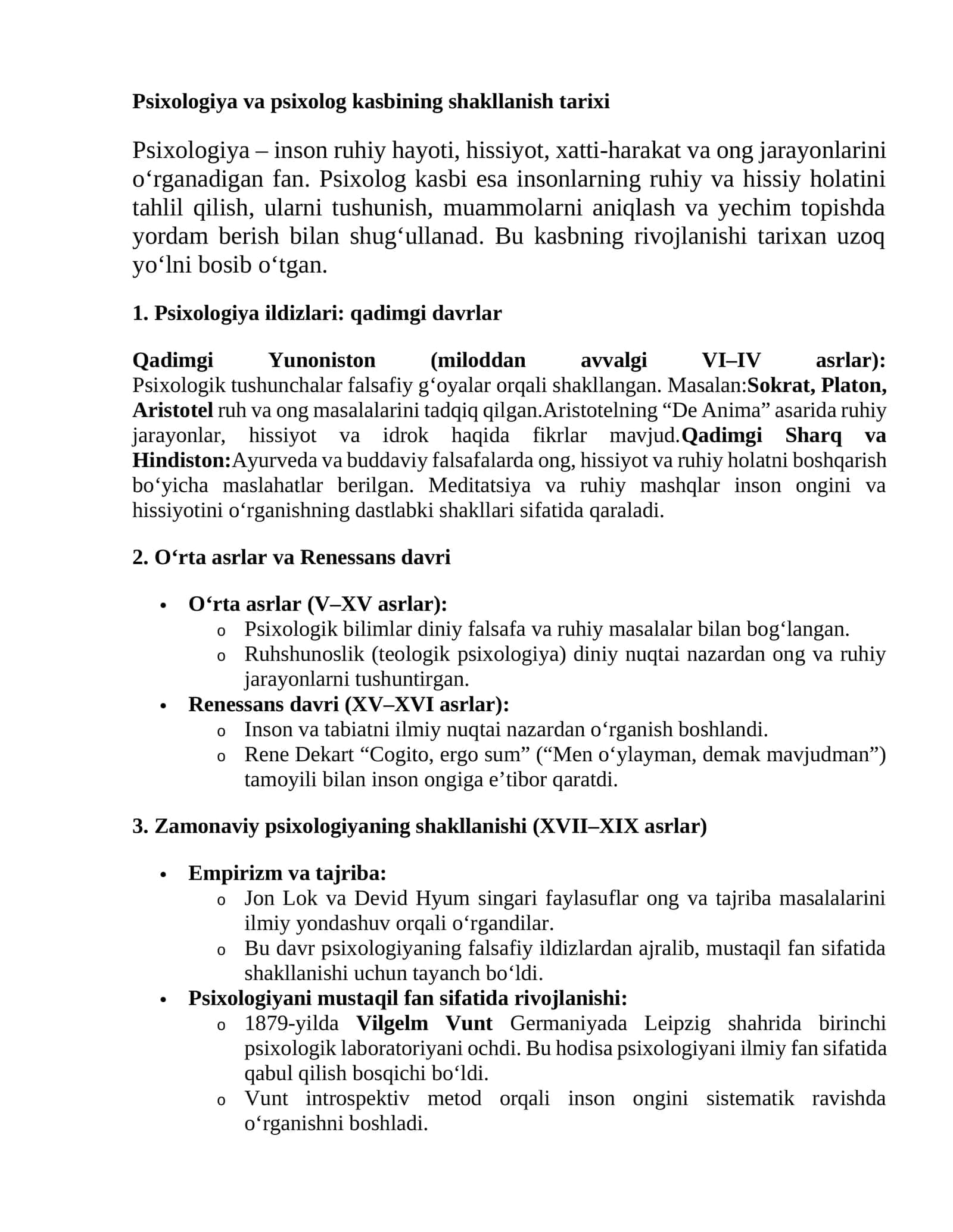 Psixologiya va psixolog kasbining shakllanish tarixi