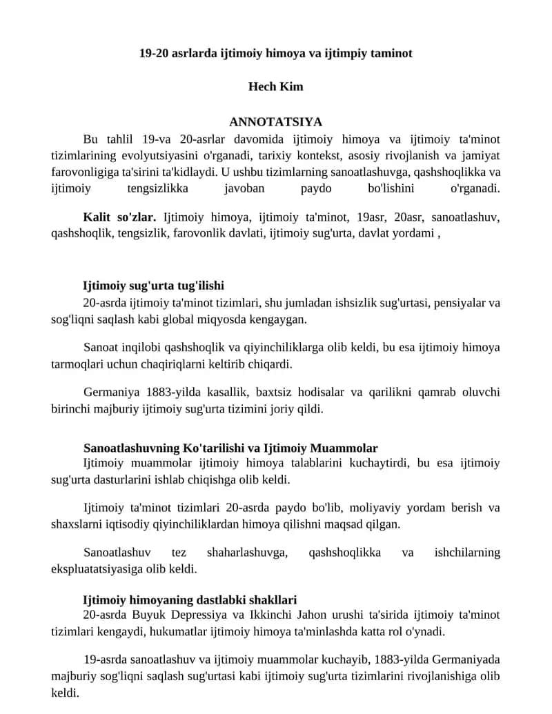 19-20 asrlarda ijtimoiy himoya va ijtimoiy taminot