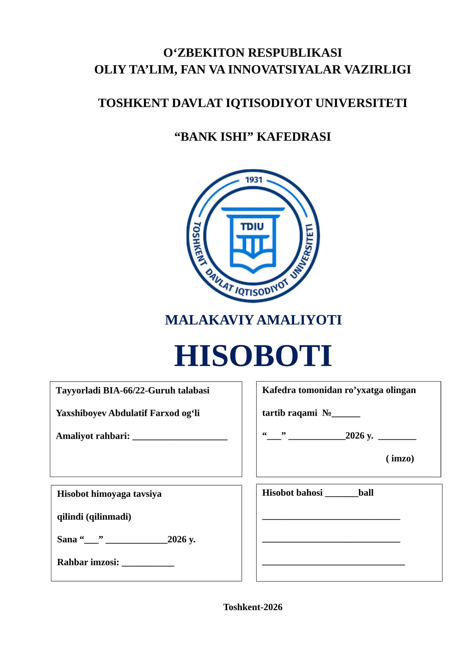 "TURONBANK" BXM MALAKAVIY AMALIYOTI HISOBOTI