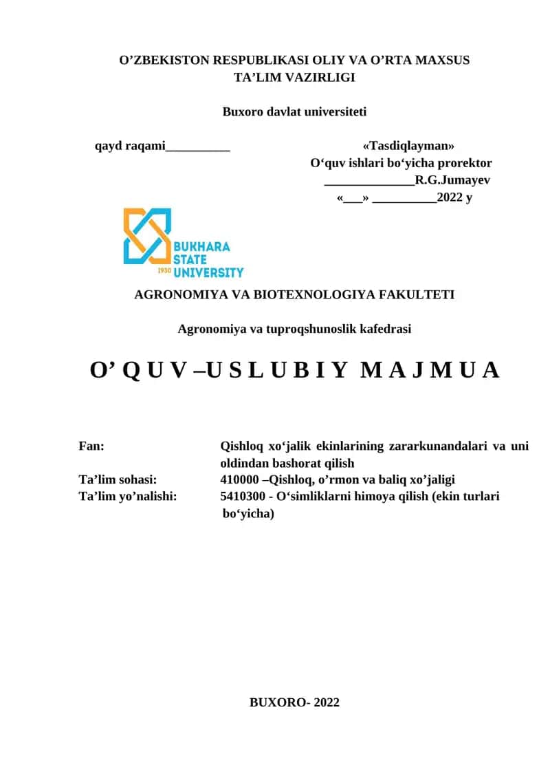 Qishloq xo‘jalik ekinlarining zararkunandalari va uni oldindan bashorat qilish