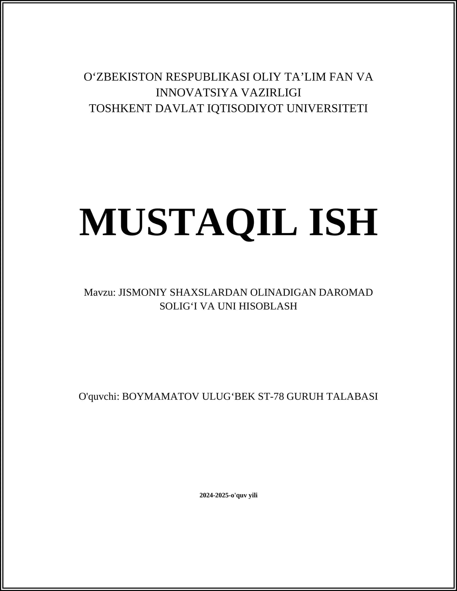 Jismoniy Shaxslardan Olinadigan Daromad Soligʻi va Uni Hisoblash