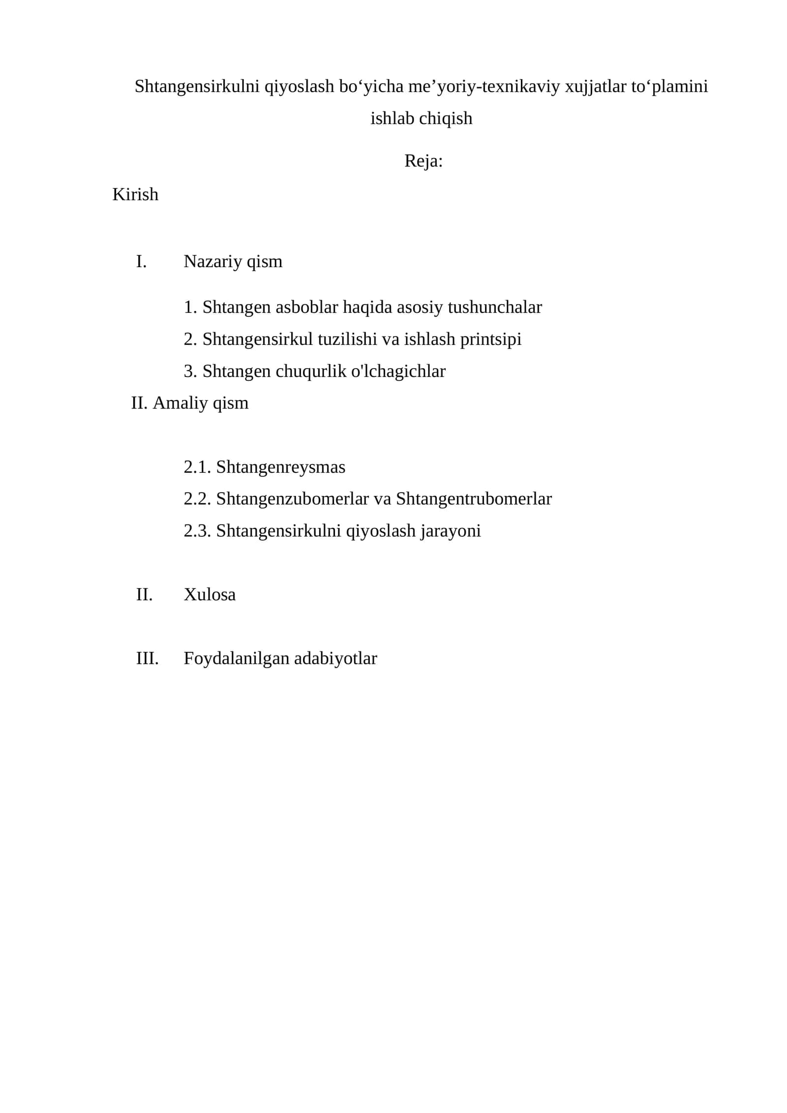 Shtangensirkulni qiyoslash bo‘yicha me’yoriy-texnikaviy xujjatlar to‘plamini ishlab chiqish
