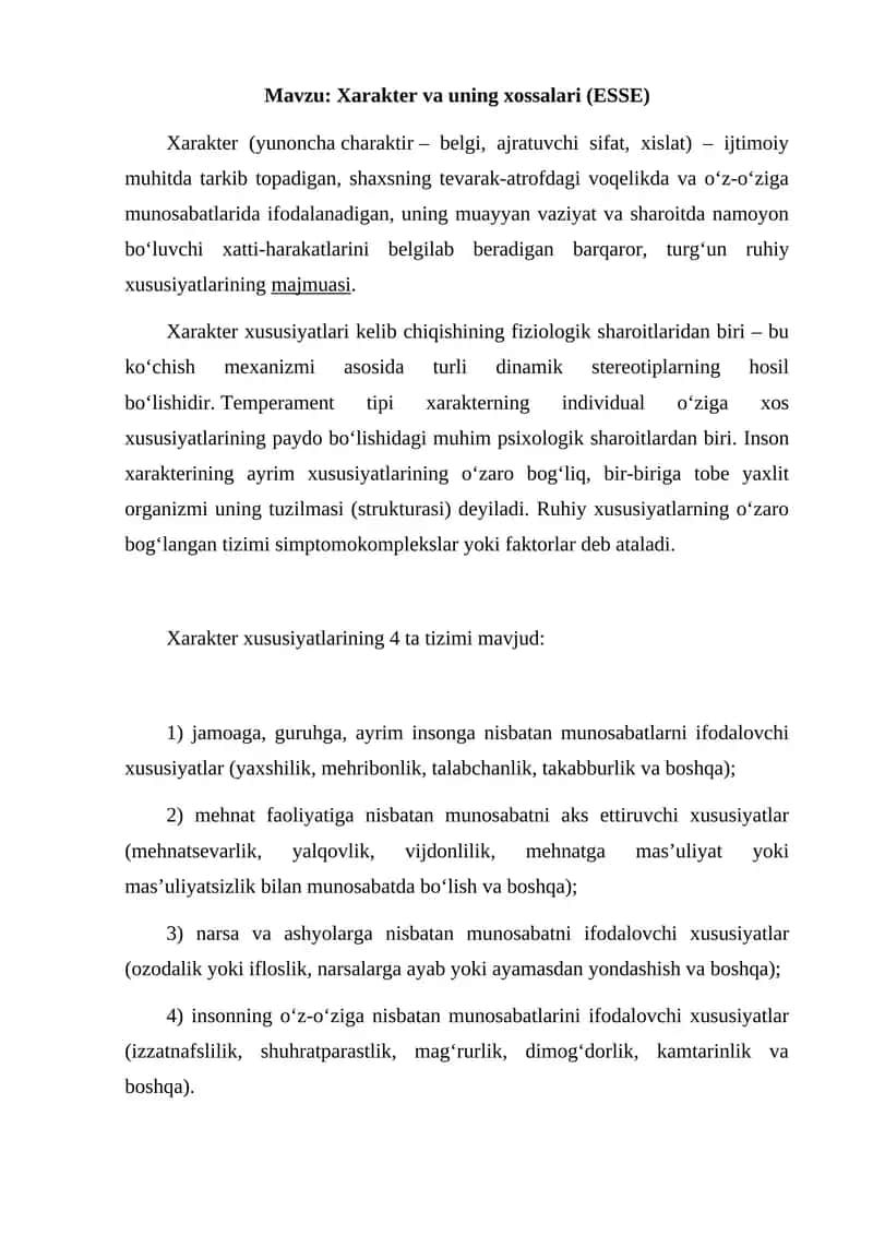 Xarakter va uning xossalari (ESSE)
