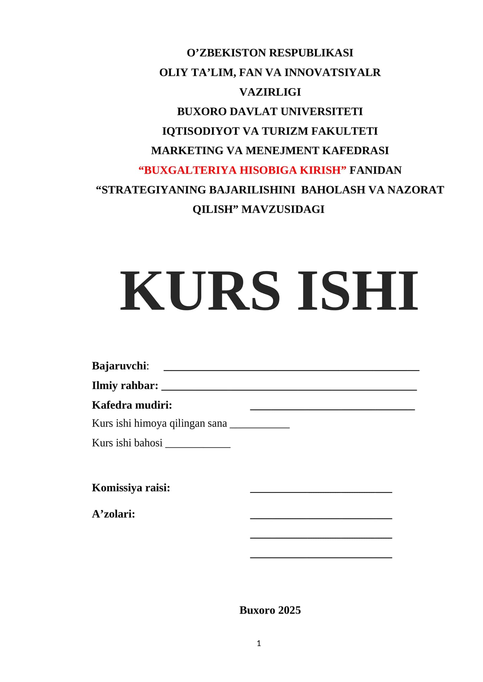 STRATEGIYANING BAJARILISHINI BAHOLASH VA NAZORAT QILISH