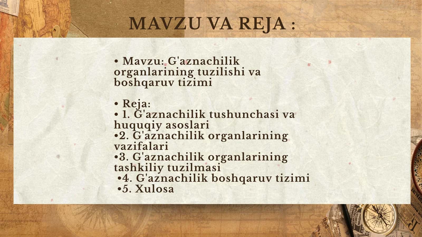 G'aznachilik organlarining tuzilishi va boshqaruv tizimi