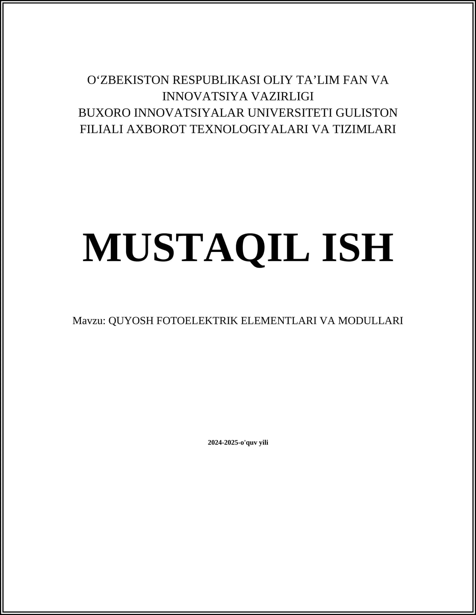 QUYOSH FOTOELEKTRIK ELEMENTLARI VA MODULLARI