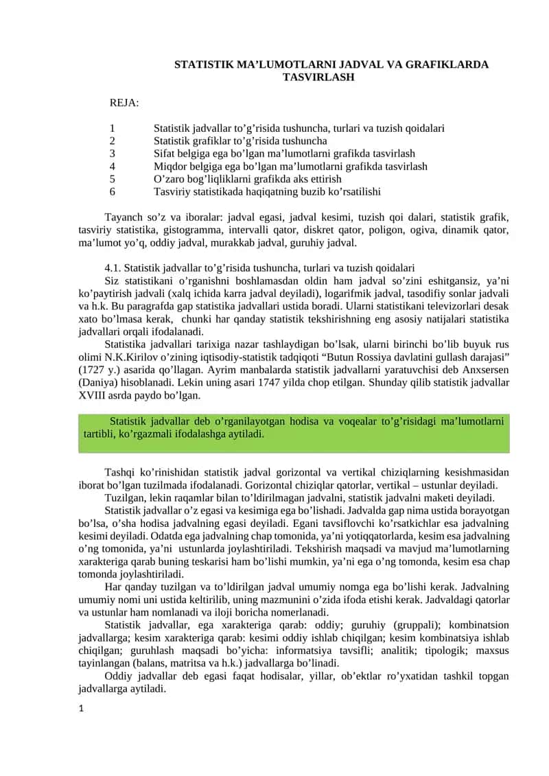 STATISTIK MA’LUMOTLARNI JADVAL VA GRAFIKLARDA TASVIRLASH