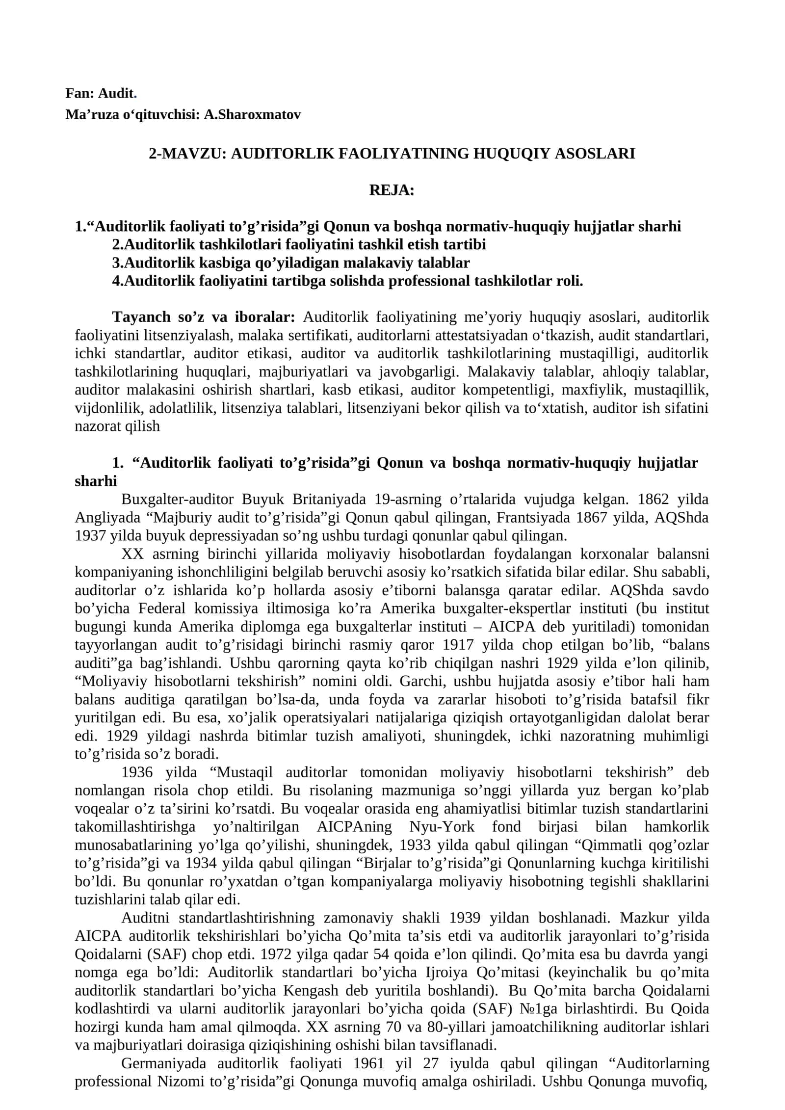 AUDITORLIK FAOLIYATINING HUQUQIY ASOSLARI