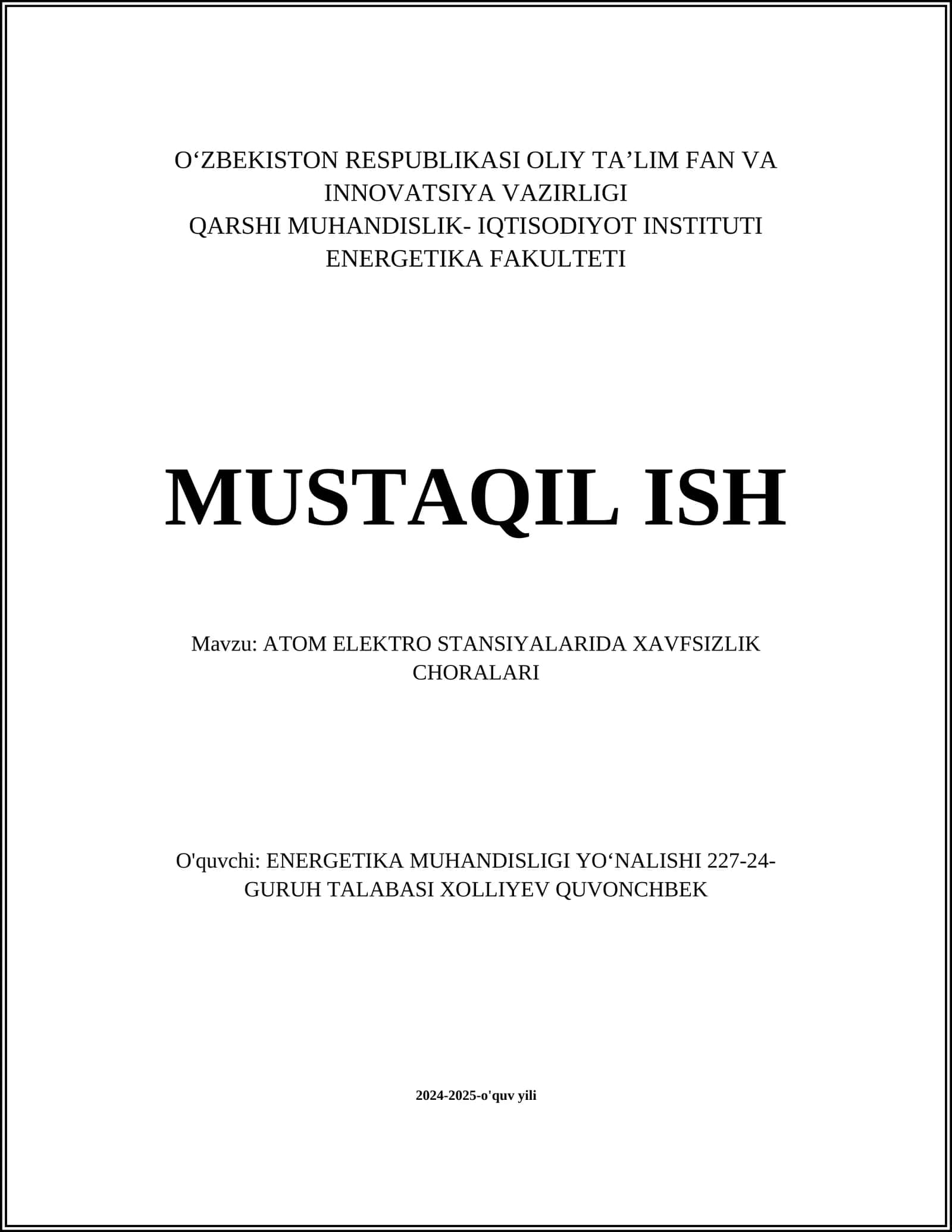 ATOM ELEKTRO STANSIYALARIDA XAVFSIZLIK CHORALARI