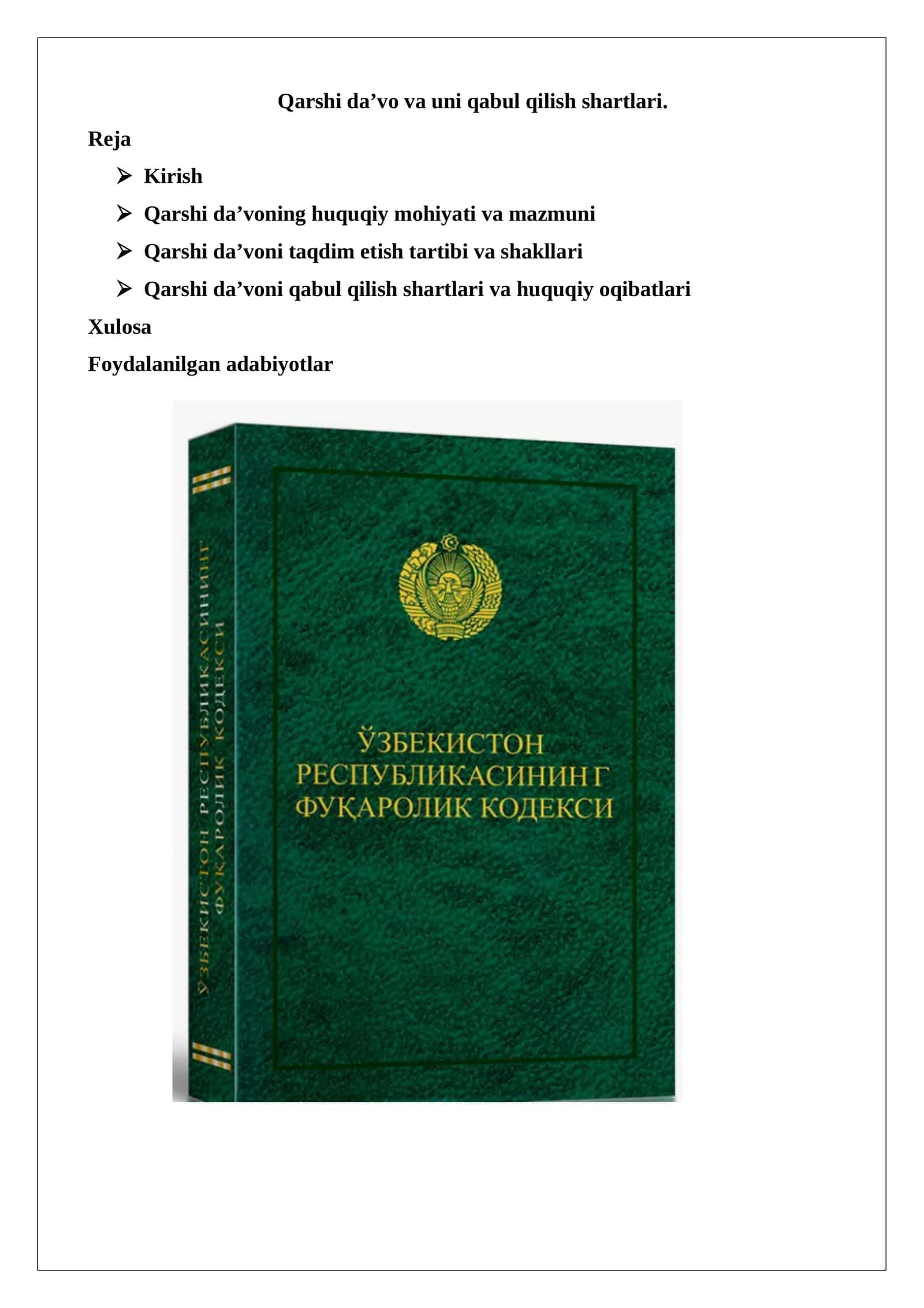 Qarshi da’vo va uni qabul qilish shartlari