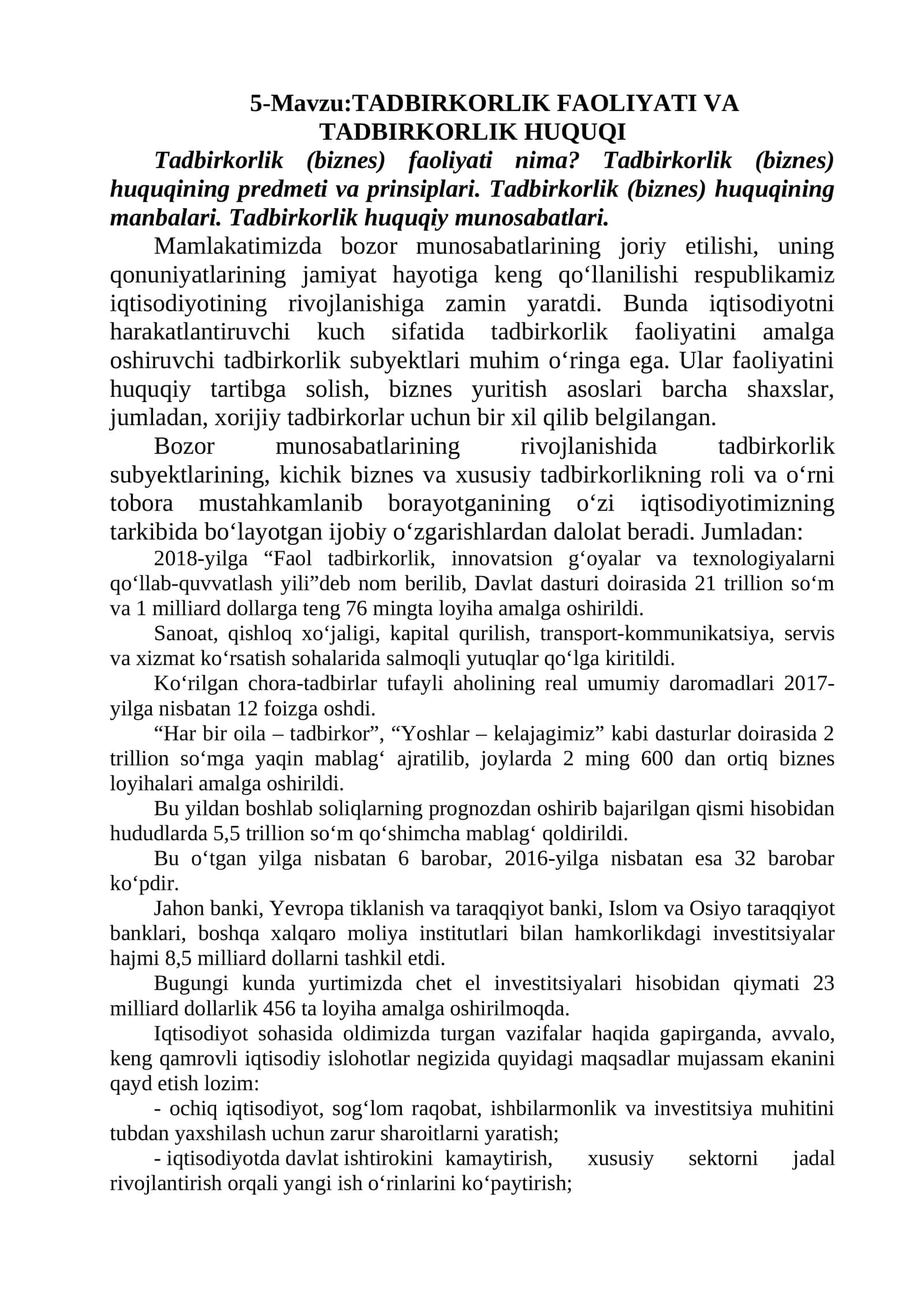 TADBIRKORLIK FAOLIYATI VA TADBIRKORLIK HUQUQI