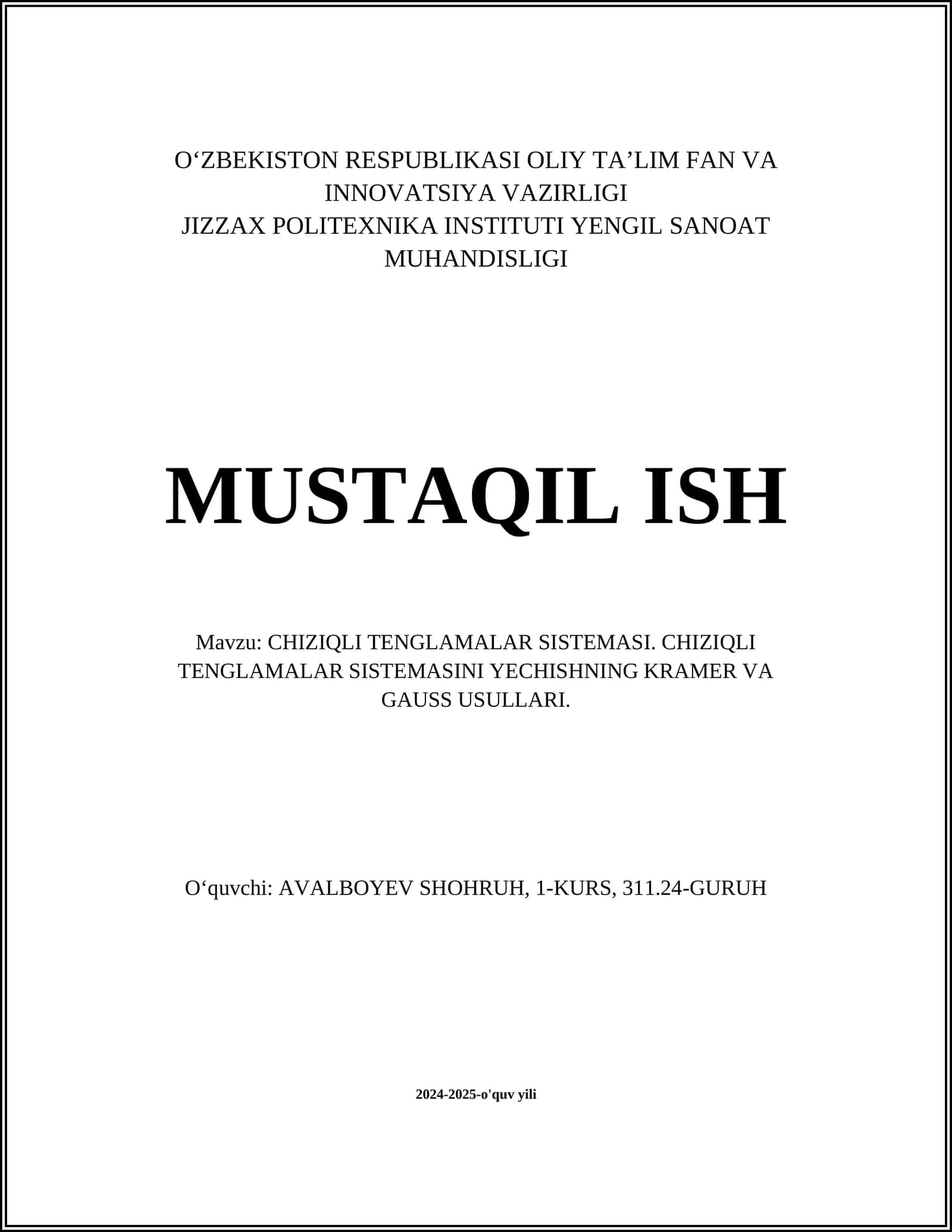 CHIZIQLI TENGLAMALAR SISTEMASI