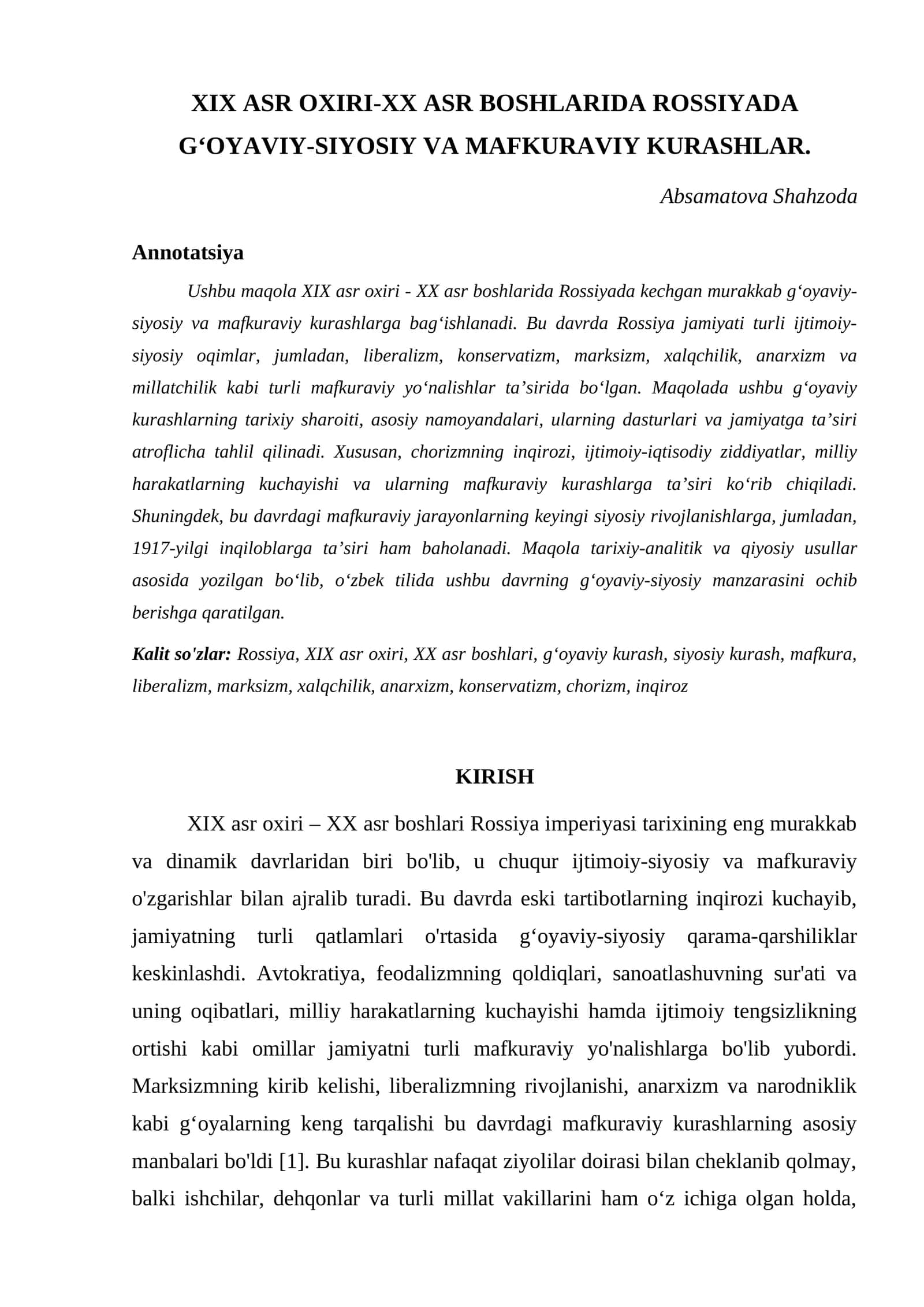 XIX ASR OXIRI-XX ASR BOSHLARIDA ROSSIYADA GʻOYAVIY-SIYOSIY VA MAFKURAVIY KURASHLAR
