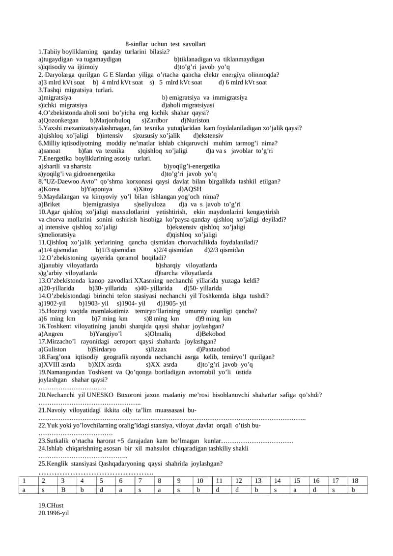 8-sinflar uchun test savollari