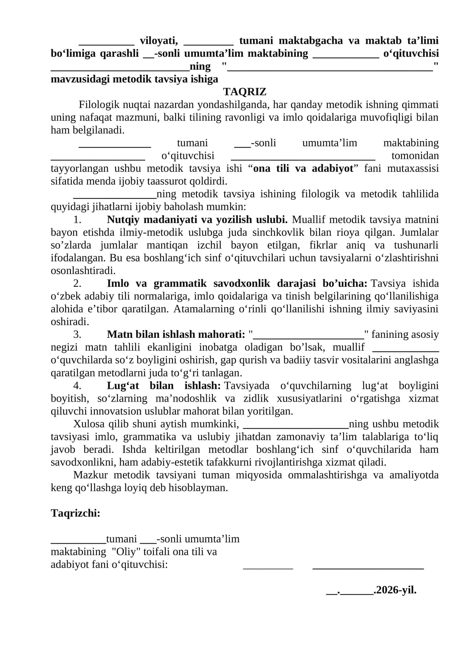 Ommalashtirish taqriz metodik tavsiya ishiga