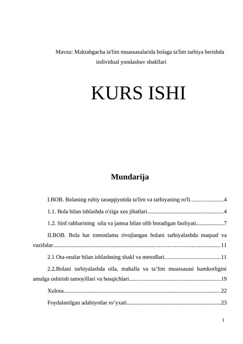 Maktabgacha ta'lim muassasalarida bolaga ta'lim tarbiya berishda individual yondashuv shakllari
