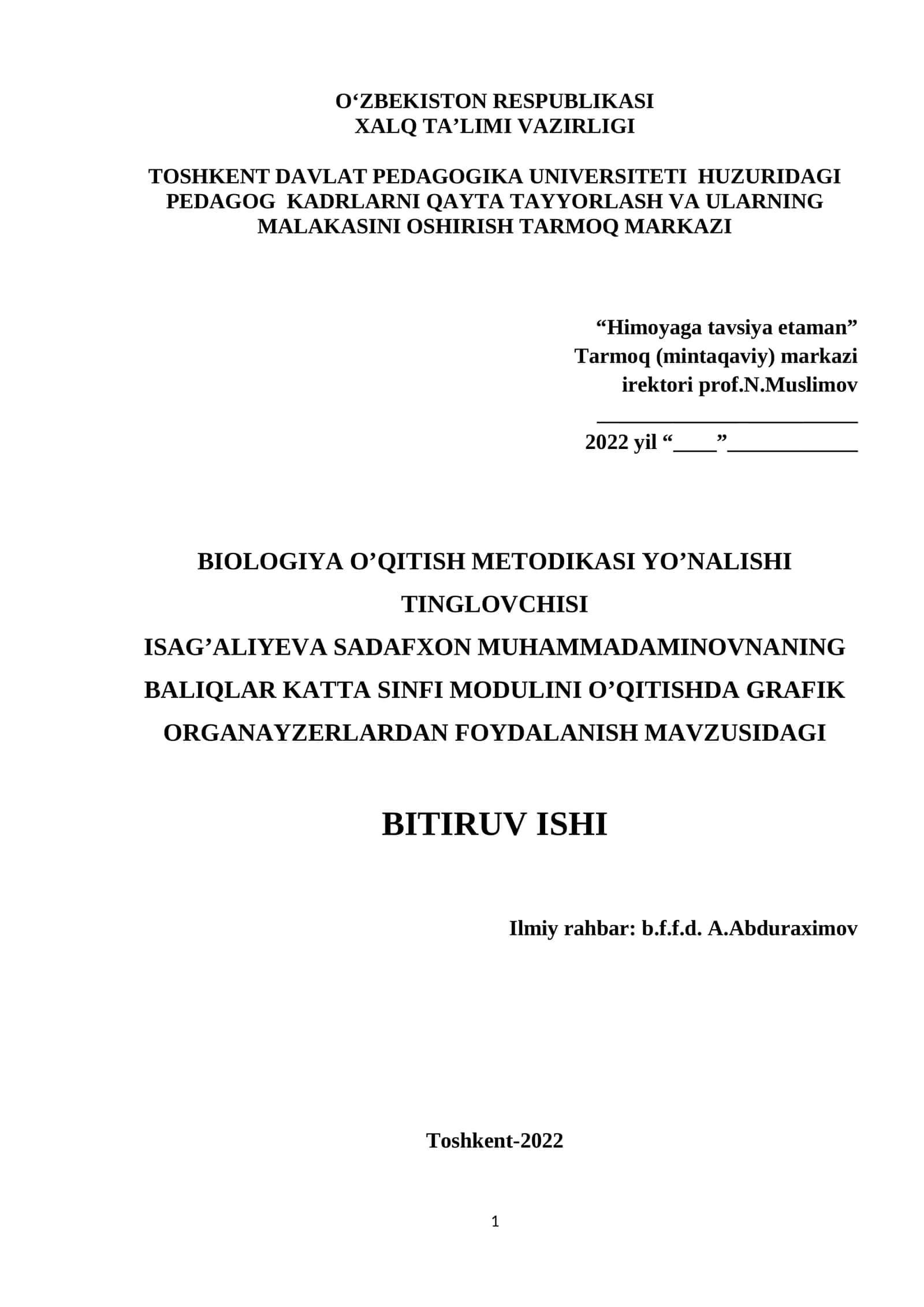 BIOLOGIYA O’QITISH METODIKASI YO’NALISHI TINGLOVCHISI