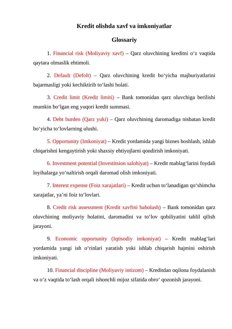 Glossariy: Kredit olishda xavf va imkoniyatlar