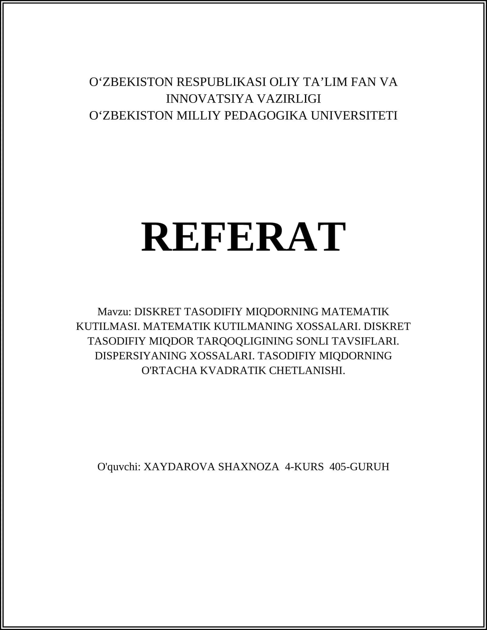 DISKRET TASODIFIY MIQDORNING MATEMATIK KUTILMASI