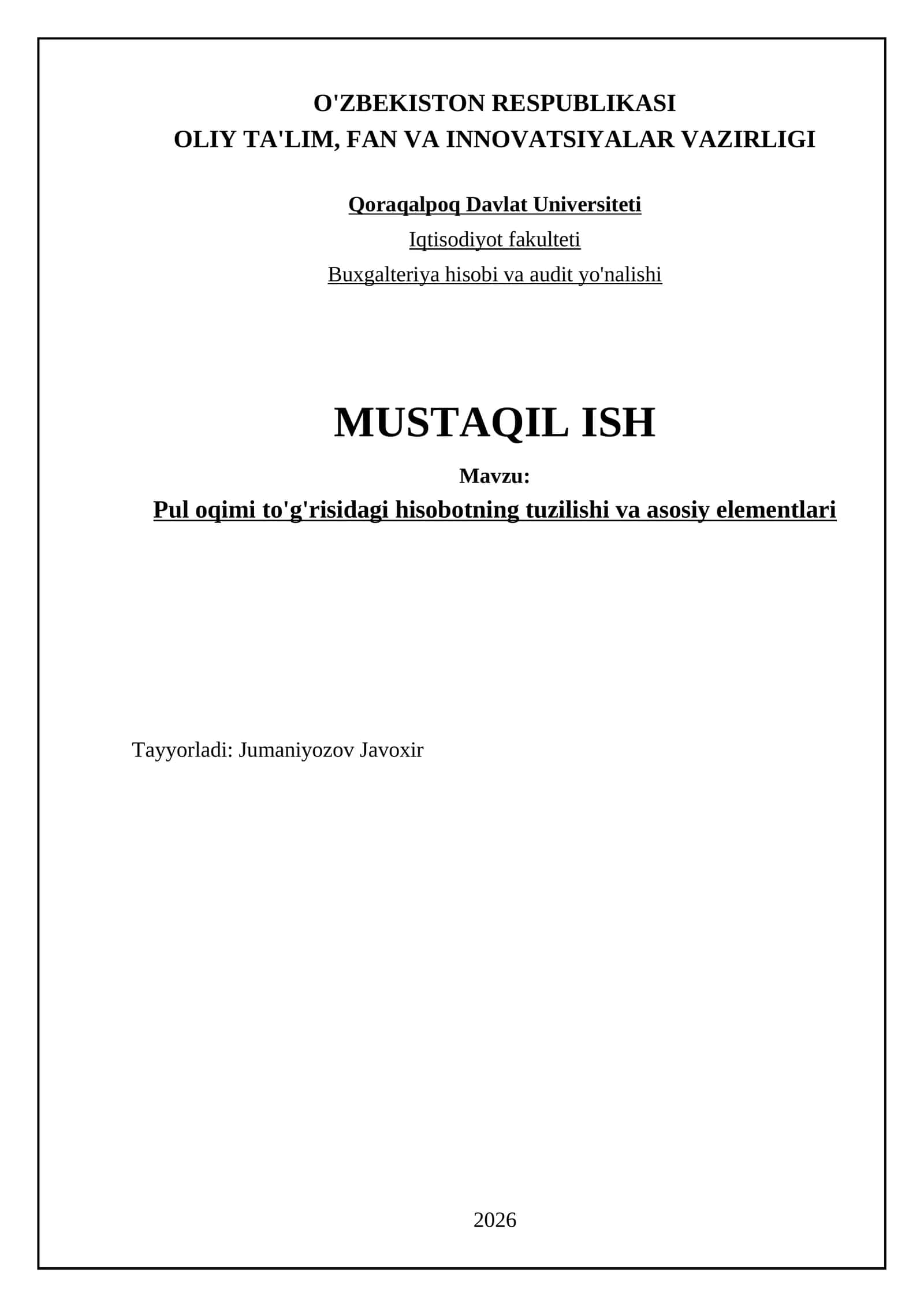 Pul oqimi to'g'risidagi hisobotning tuzilishi va asosiy elementlari