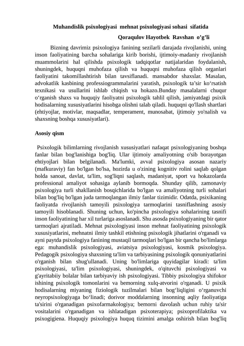 Muhandislik psixologiyasi mehnat psixologiyasi sohasi sifatida
