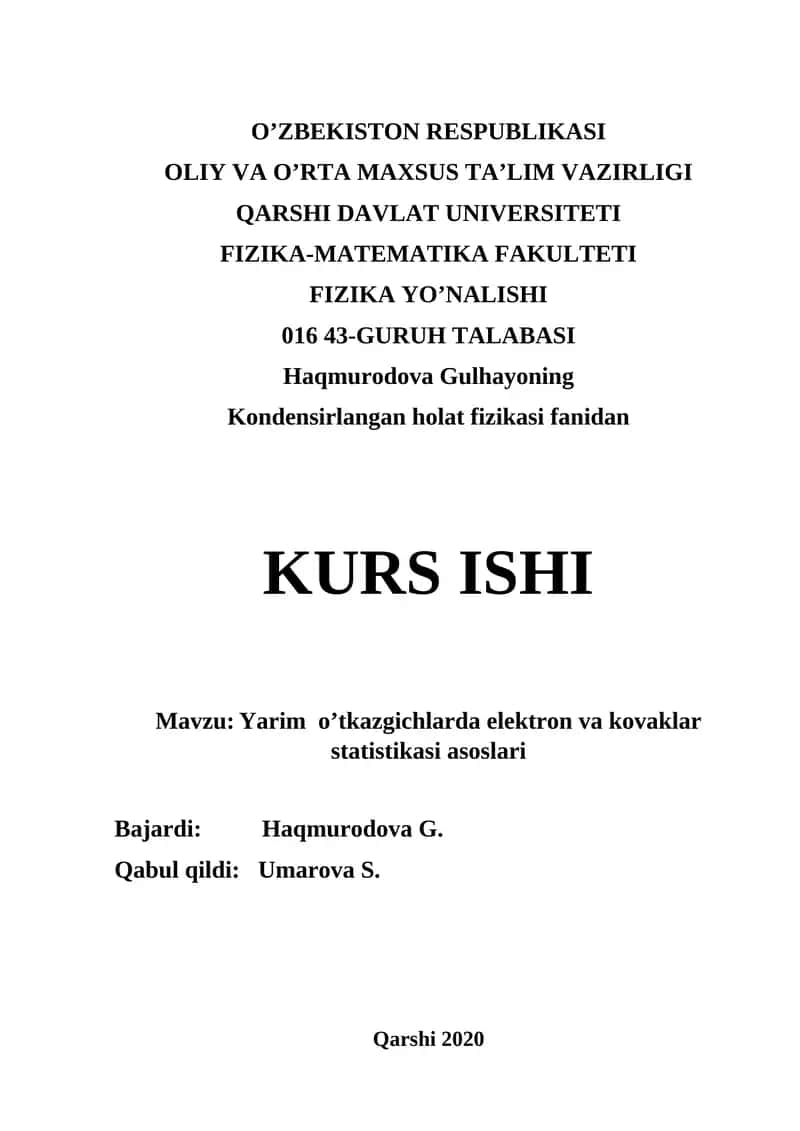 Yarim o’tkazgichlarda elektron va kovaklar statistikasi asoslari