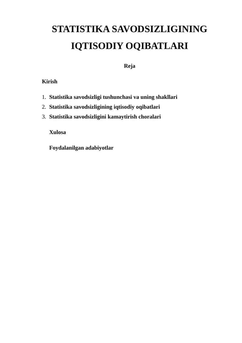 STATISTIKA SAVODSIZLIGINING IQTISODIY OQIBATLARI