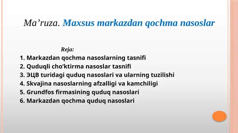 Markazdanqochmanasoslarning tasnifi