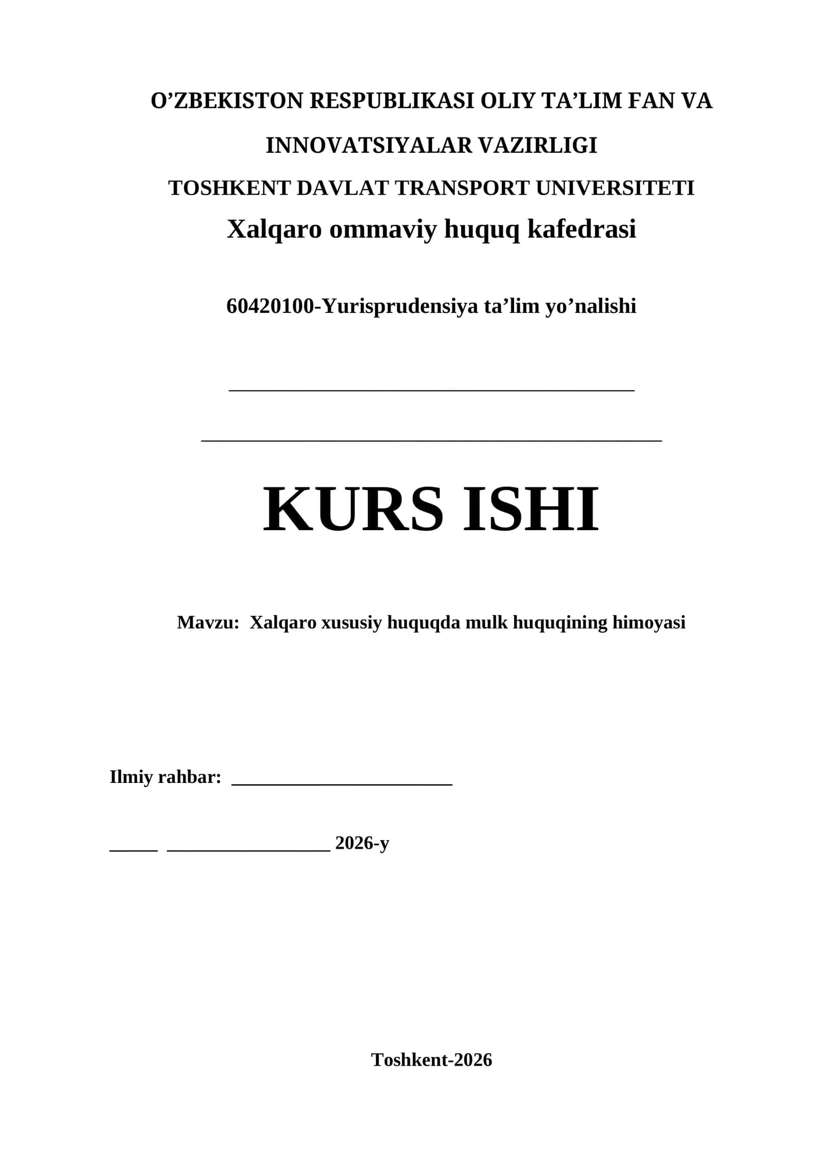 Xalqaro xususiy huquqda mulk huquqining himoyasi kurs ishi