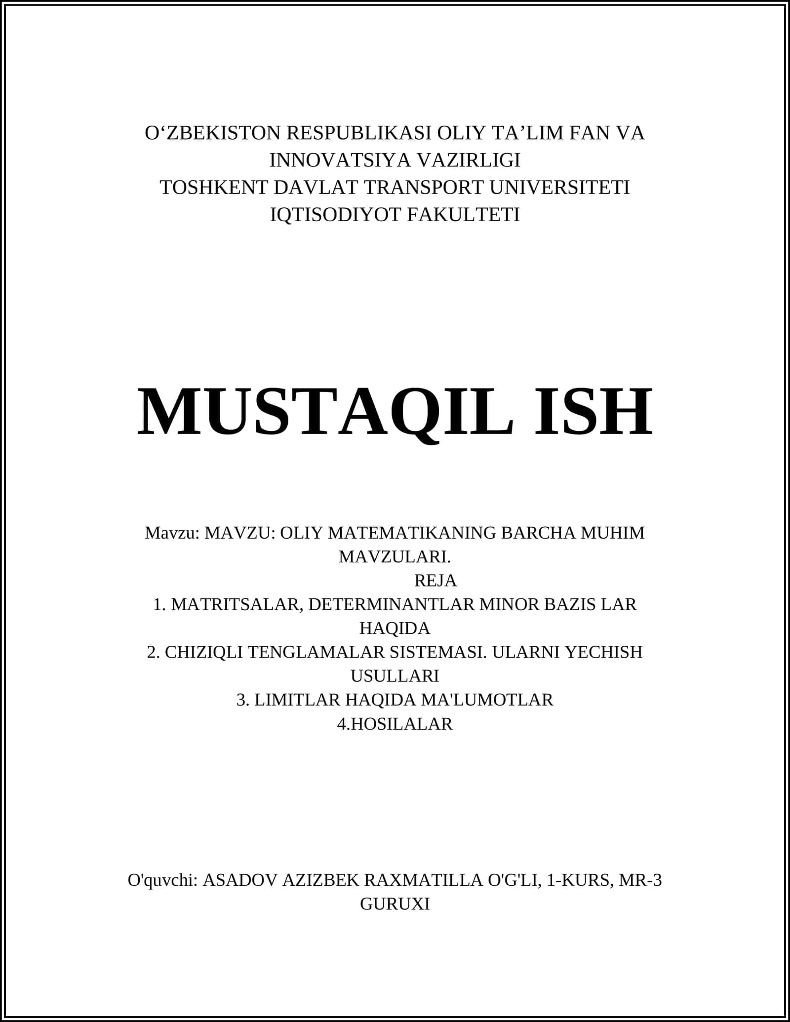 OLIY MATEMATIKANING BARCHA MUHIM MAVZULARI