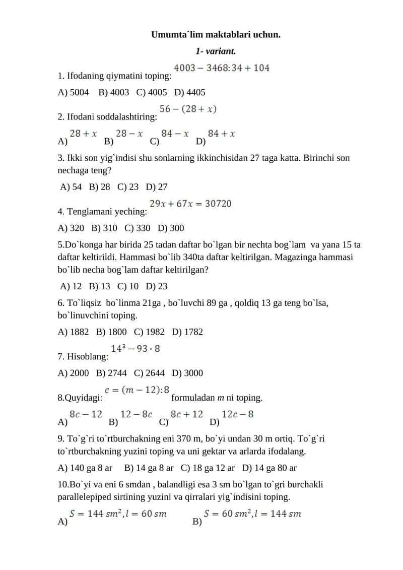 Umumta`lim maktablari uchun 1-variant