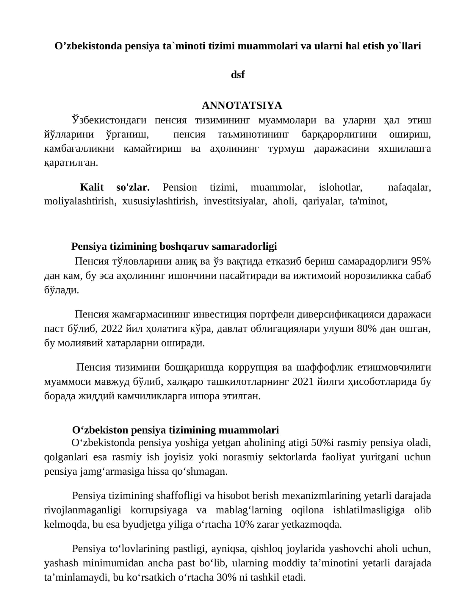 O'zbekistonda pensiya ta'minoti tizimi muammolari va ularni hal etish yo'llari