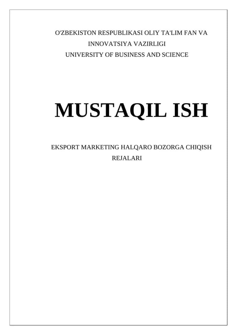 Eksport Marketing Halqaro Bozorga Chiqish Rejalari