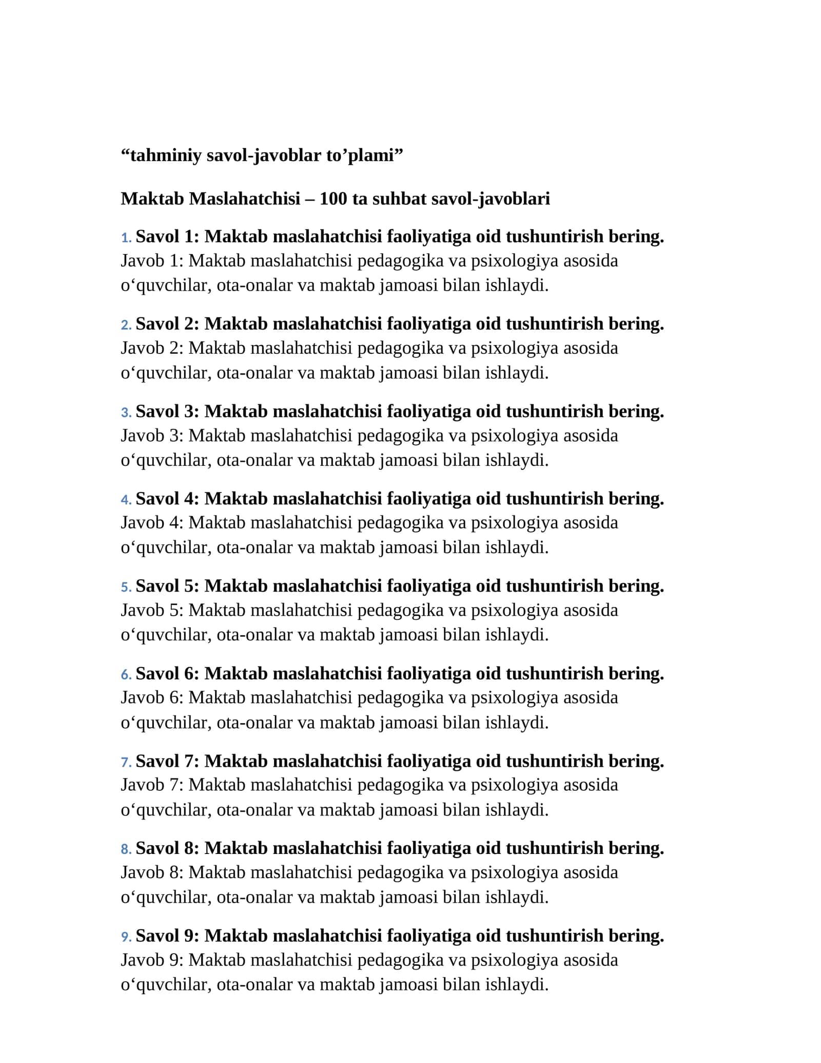 Maktab Maslahatchisi – 100 ta suhbat savol-javoblari